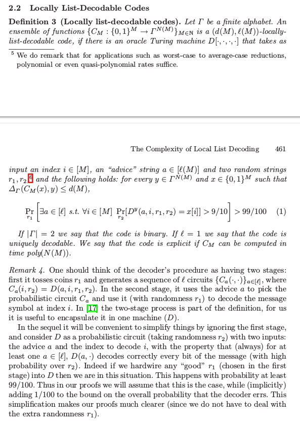 LGcommaI's tweet photo. #GutfreundRothblumLocalListDecoding-2
"Abstract.
We study the complexity of locally list-decoding binary #ErrorCorrectingCodes with good parameters (that are polynomially related to information theoretic bounds). We show that computing majority over Θ(1/ε) bits is essentially
> https://t.co/Vs0e76bFcA
