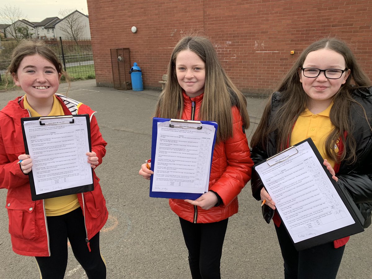 P7bMiss's tweet photo. P7b carrying out their Easter Maths Hunt using their knowledge on the four operations and then checking their answers using their iPads and QR codes. Great learning outdoors. @WallacewellPS https://t.co/uqOYfB5nSo