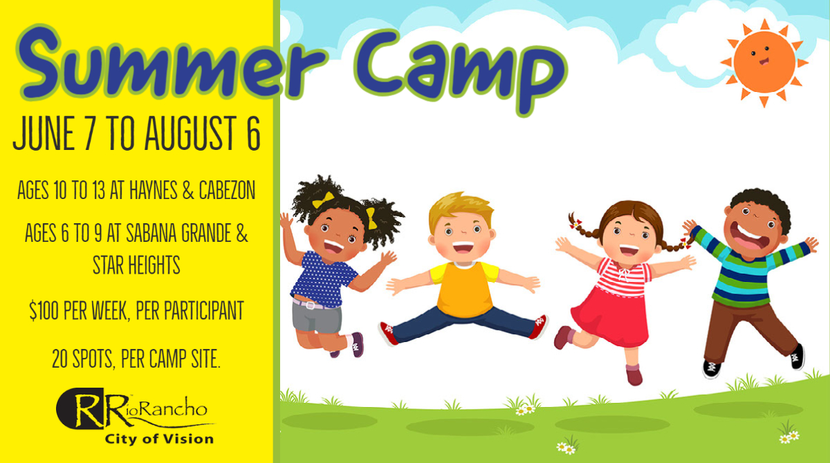 RioRanchoPRCS's tweet photo. This years Summer Camp will run June 7 to August 6 from 7:30 a.m. to 5:30 p.m. $100 per week, per participant. 20 spots available at each camp site. Registration opens on April 19, 2021 at 9:00 a.m. online at https://t.co/xVw8aNOHsb. For more information call (505) 891-5015. https://t.co/NLS7W5FRxC