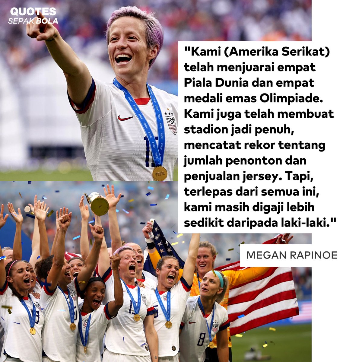 QuoteFutbol's tweet photo. Megan Rapinoe memprotes kesenjangan gaji antara pemain laki-laki dengan pemain perempuan. Menurut kamu gimana? https://t.co/V1IqPzlaR9