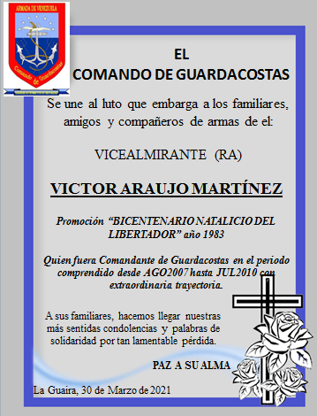 AB_Guardacostas's tweet photo. El Comando de @AB_Guardacostas se une al luto que embarga a los familiares, amigos y compañeros de armas por el sensible fallecimiento del VA (RA) Víctor Manuel Araujo Martínez, integrante de la Promoción "Bicentenario Natalicio del Libertador" año 1983.
PAZ A SU ALMA. https://t.co/aseRUgGzm5
