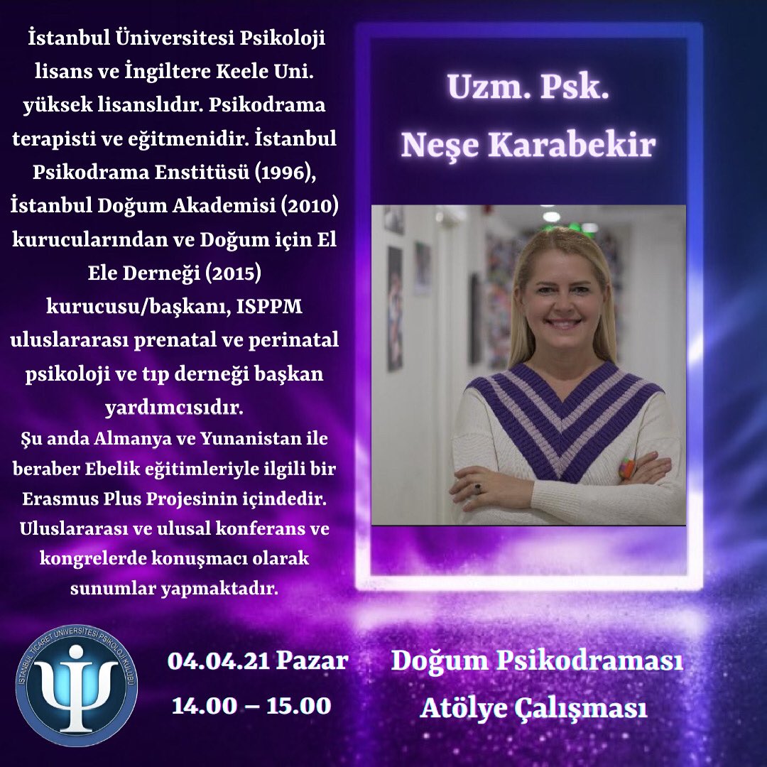Pazar günü gerçekleşecek 9. Psikoloji Günlerimizde “Doğum Psikodraması” konulu atölye çalışmasıyla Uzm. Psk. Neşe Karabekir bizlerle olacak.