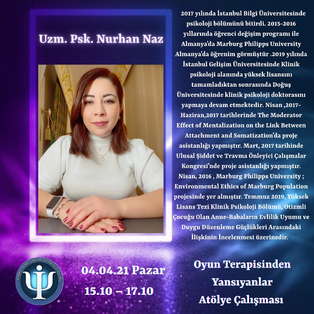 Pazar günü gerçekleşecek 9. Psikoloji Günlerimizde "Oyun terapisinden yansıyanlar” konulu atölye çalışmasıyla Uzm. Psk. Nurhan Naz bizlerle olacak.