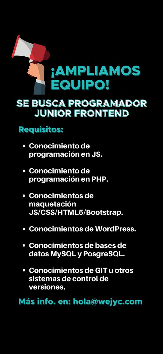 wejyctech's tweet photo. 🚨 SE BUSCA 🚨 Únete al equipo de programadores de @wejyctech 🤪 
📌Manda tu Cv a hola@wejyc.com  
Agradeceríamos difusión 🙏😉 https://t.co/JL5y0gkKGy