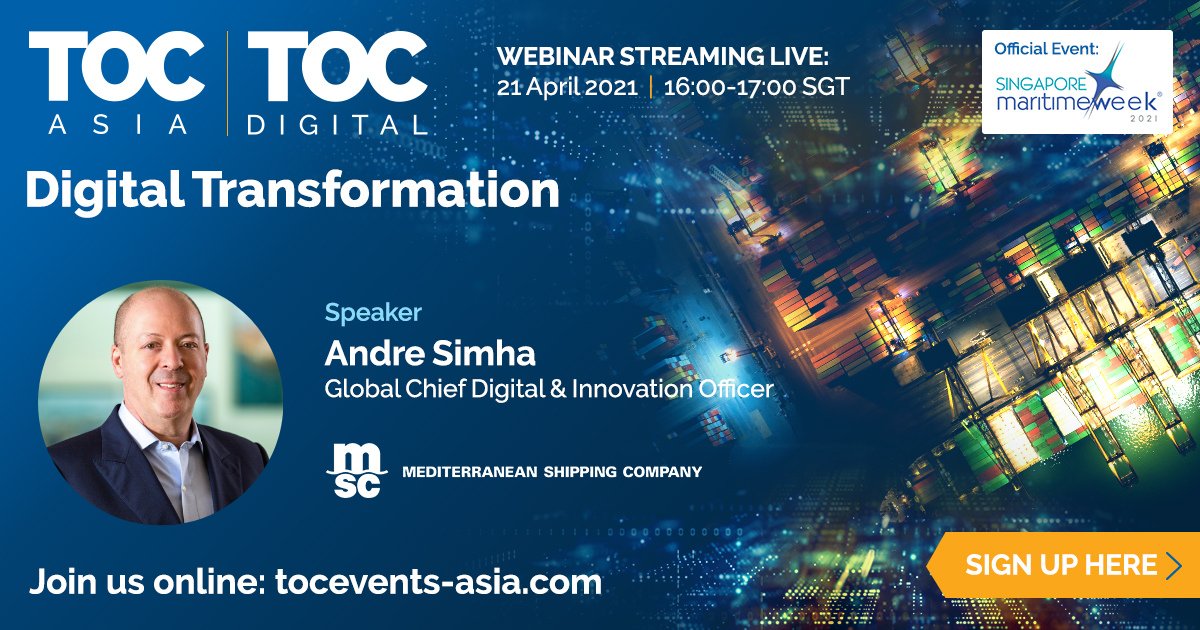 TOCWorldwide's tweet photo. We are delighted to be joined by @AndreSimha  Global Chief Digital &amp; Innovation officer at @MSCCargo.

Sign up now for this free webinar streaming live during #TOCAsia > https://t.co/PyQbiB04eE

#TOCDigital #port #terminal #supplychain #logistics #maritime https://t.co/OdbjgaRfH9