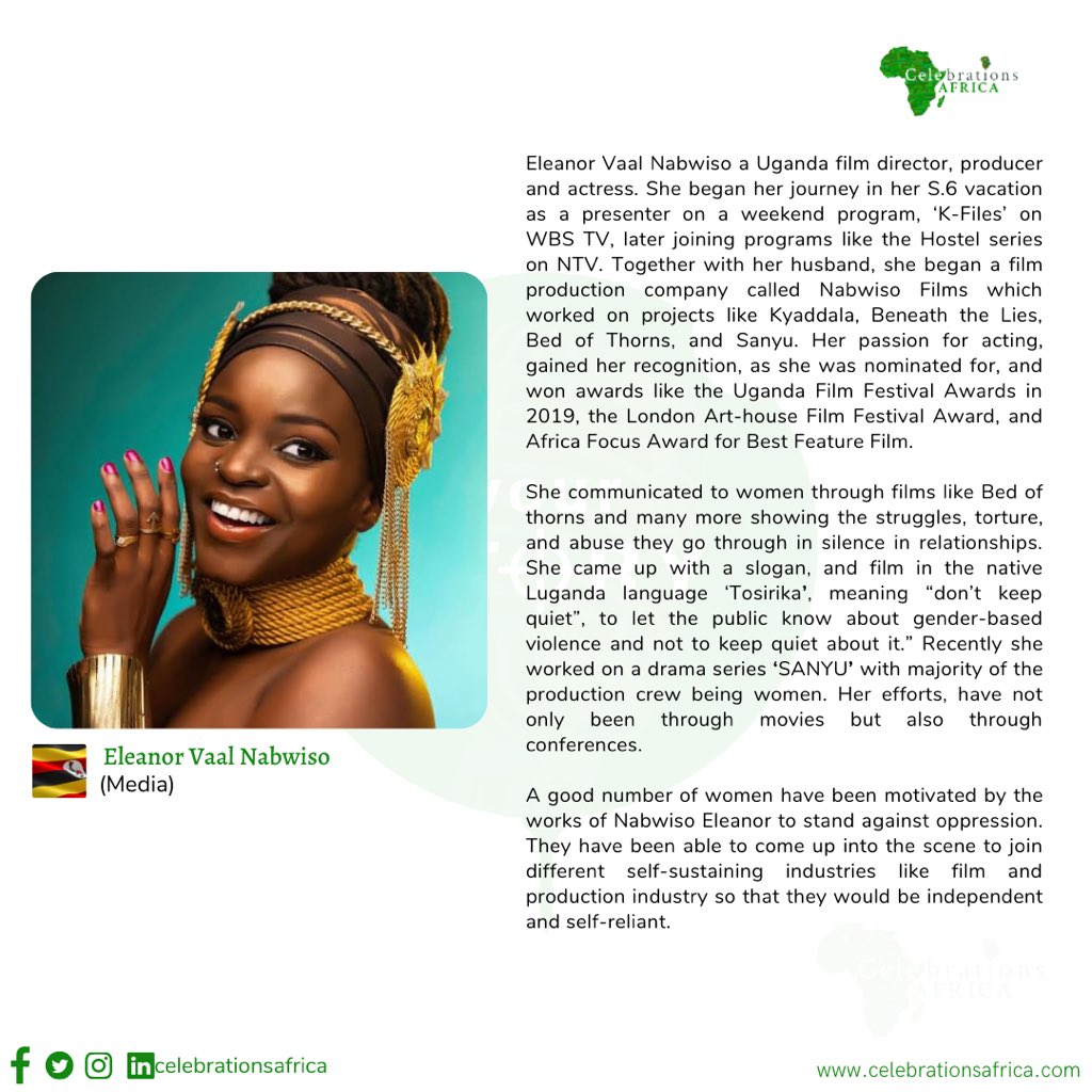 celebafrica_'s tweet photo. CELEBRATING ELEANOR
Eleanor Nabwiso,a Ugandan film director, producer and actress, who does excellently well in using her movies to motivate women to stand against oppression.
@EleanorNabwiso
Read more about her on the flier.
#celebrationafrica #africastory https://t.co/DG1miIVZBg