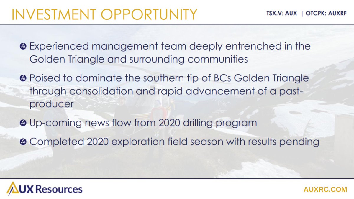 AUXResources's tweet photo. WHY INVEST IN $AUX?
✔️ Experienced #ManagementTeam
✔️ Poised to dominate the southern tip of BC's #GoldenTriangle
✔️ Up-coming news flow from 2020 #DrillProgram
✔️ Completed 2020 #Exploration field season with results pending

Learn More: https://t.co/ZGtFyGIhJm https://t.co/Sf0SHkpxmq