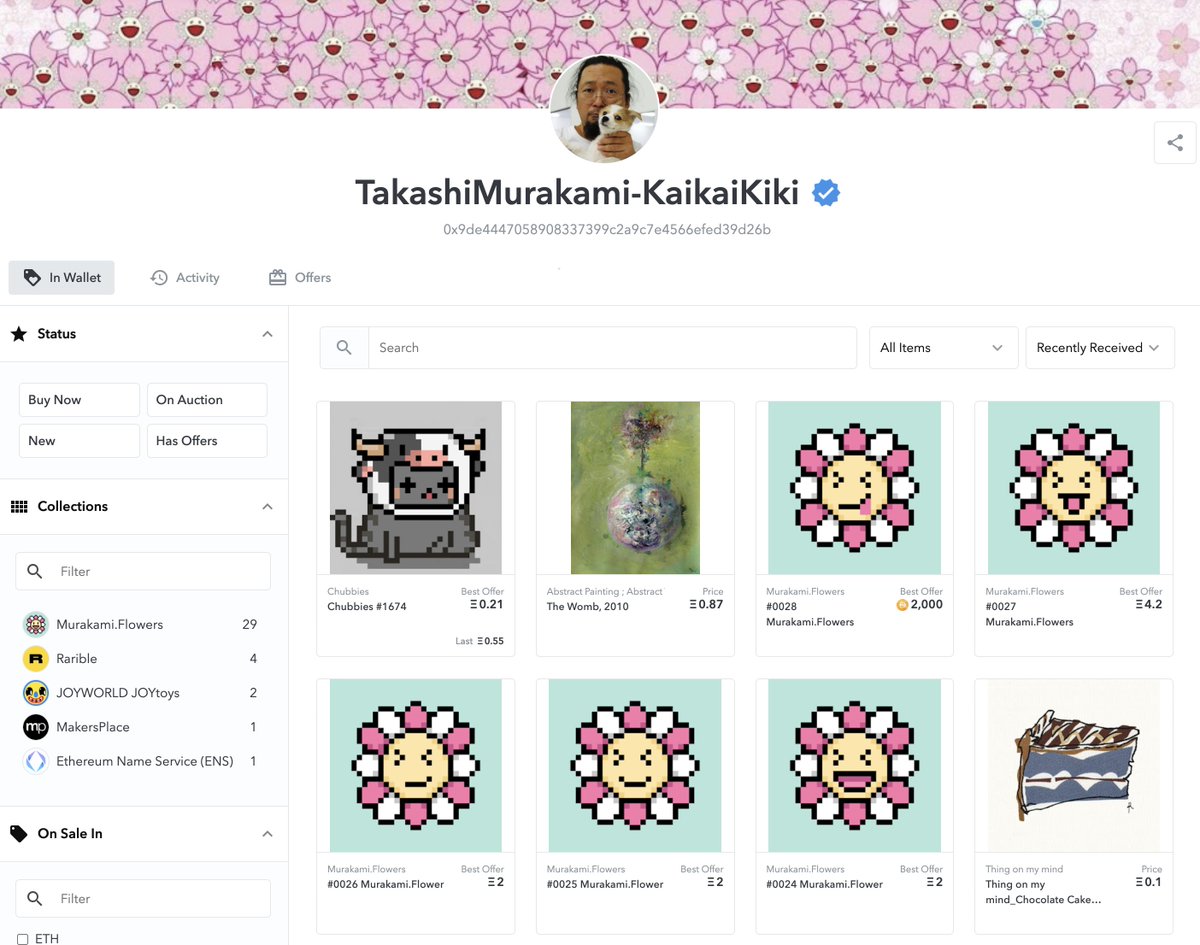 うわー！村上先生 (<a href="/takashipom/">takashi murakami</a>) の大ファンです！なにこれ！#nft #ドット絵 のフラワー最高！#opensea にいらしゃって超嬉しい！
自分のレアなチャビーズ（milk cowにゃんこセット）を勝手に送りましたので、もしよろしければどうぞ。 めっちゃ頑張ったけど、下手な日本語をお許してくださいww 🙏