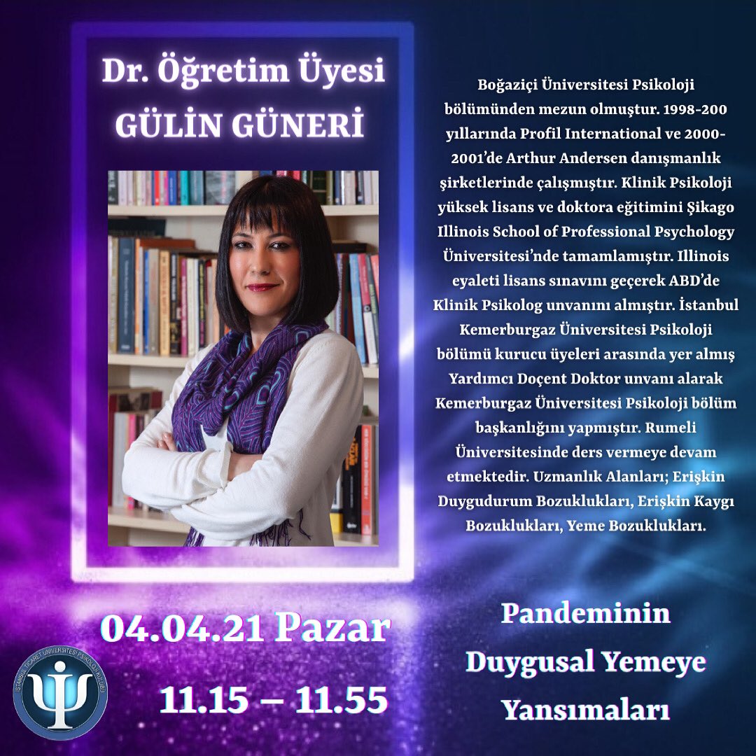 Yeme bozuklukları üzerine uzmanlığı olan Dr. Gülin Güneri 4 Nisan Pazar günü, “Pandeminin Duygusal Yemeye Yansımaları” konusuyla bizlerle olacak.