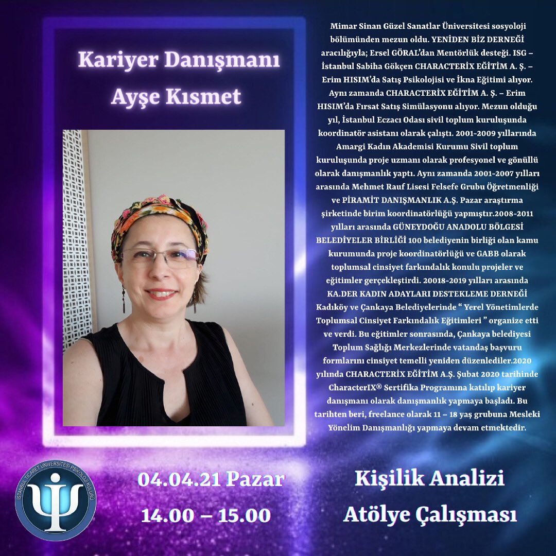 Pazar günü gerçekleşecek 9. Psikoloji Günlerimizde “Kişilik Analizi” konulu atölye çalışmasıyla Karıyer Danışmanı Ayşe Kısmet bizlerle olacak.