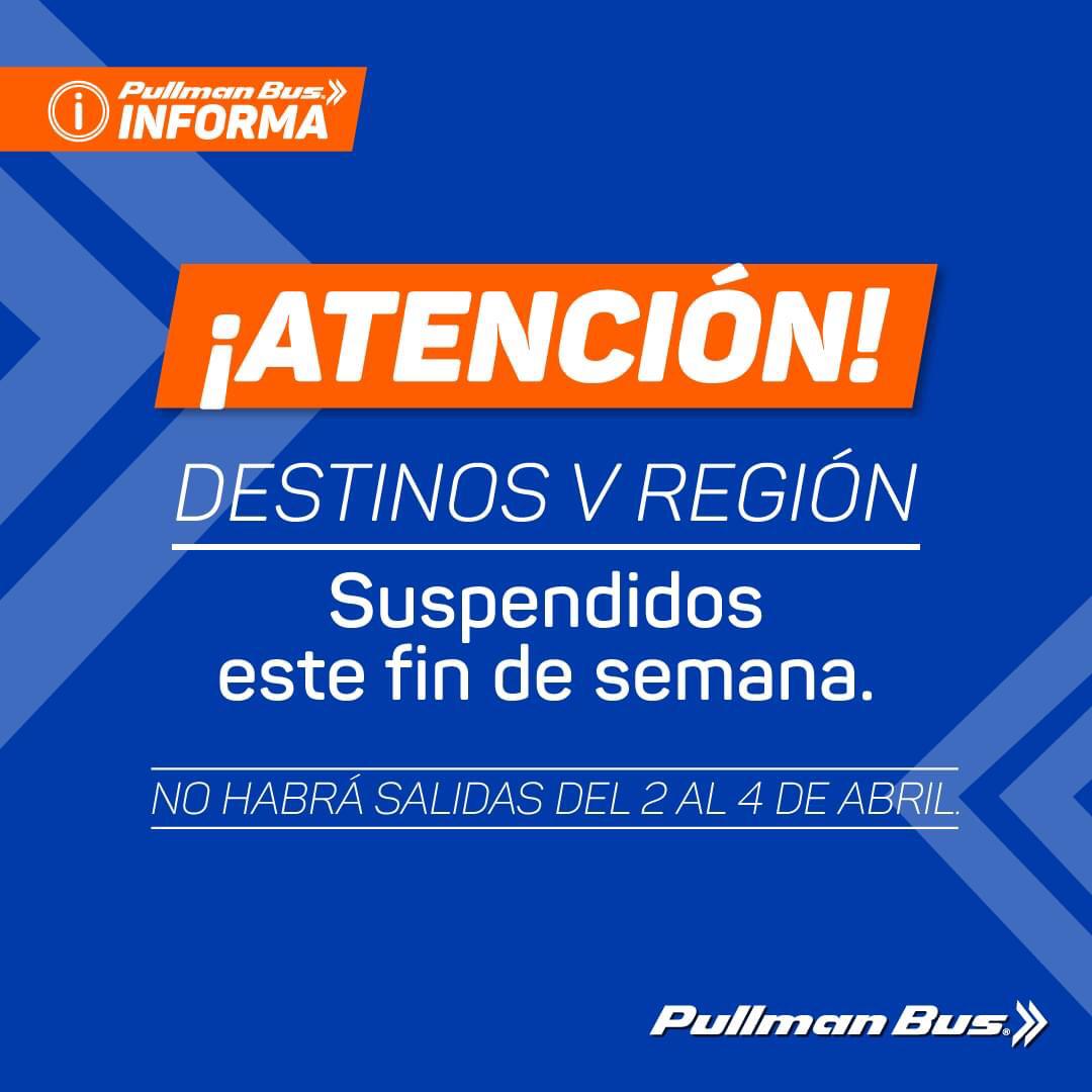 Saludos !

Servicios Suspendidos desde el 02 al 04 de Abril desde y hacia la V region.