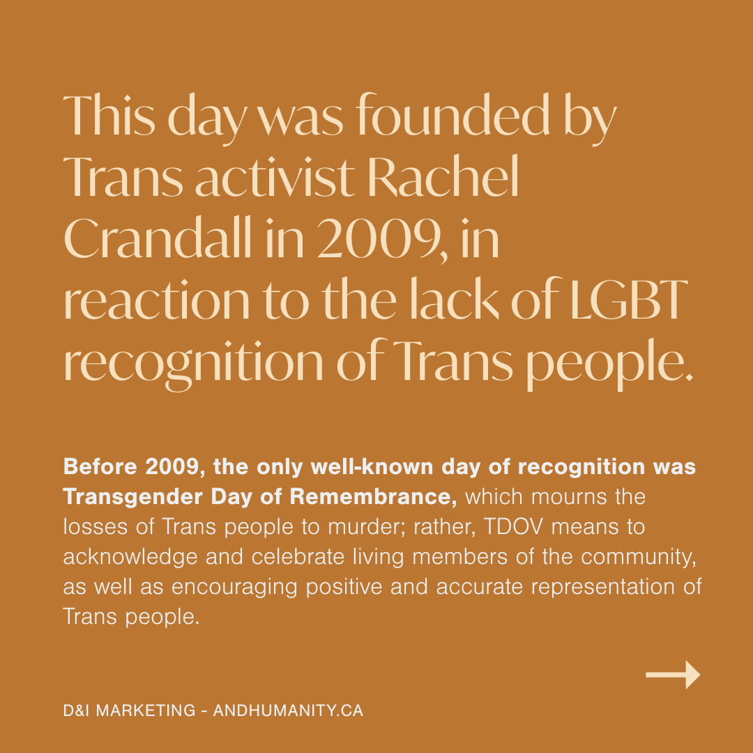 andhumanityca's tweet image. Happy Transgender Day of Visibility! Today we recognize the work of Transgender activists and social/political figures, and celebrate existence of all Trans people worldwide. View the full post with #ImageDescriptions here: instagram.com/p/CNF0yOQBtOh/