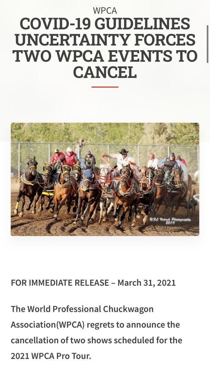 AfterTheNinth's tweet photo. The @WPCAChucks announced this morning that the 2021 @GPstompede and Saskatoon stops have both been cancelled due to COVID-19.
#wpca #wpcachucks #chuckwagons #halfmileofhell https://t.co/eky0Tx3wMS