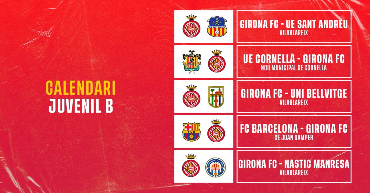 🗓 El Juvenil B ja coneix el calendari de la segona fase de Lliga Nacional! 

1️⃣ #GironaFC - <a href="/uesantandreu/">Unió Esportiva Sant Andreu</a> 

2️⃣ <a href="/ue_cornella/">UE Cornellà 💚</a> - #GironaFC 

3️⃣ #GironaFC - <a href="/UniBellvitge/">U.D. Unificación Bellvitge</a> 

4️⃣ <a href="/FCBmasia/">FC Barcelona - Masia</a> - #GironaFC

5️⃣ #GironaFC - <a href="/nasticmanresa/">Club Gimnàstic de Manresa</a> 

💪 Endavant, nois! 

#OrgullGironí #GFCAcadèmia