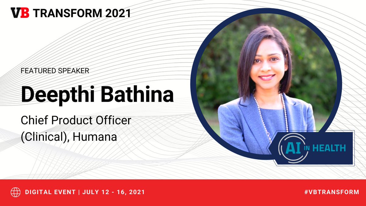 Join <a href="/deepthibathina/">Deepthi Bathina</a>, Chief Product Officer (Clinical) for <a href="/Humana/">Humana</a> at #VBTransform where she will talk about how Humana is leveraging AI automation technologies to make its AI explainable, accurate and trustworthy.

Register (limited time discount): bit.ly/39vJNwW