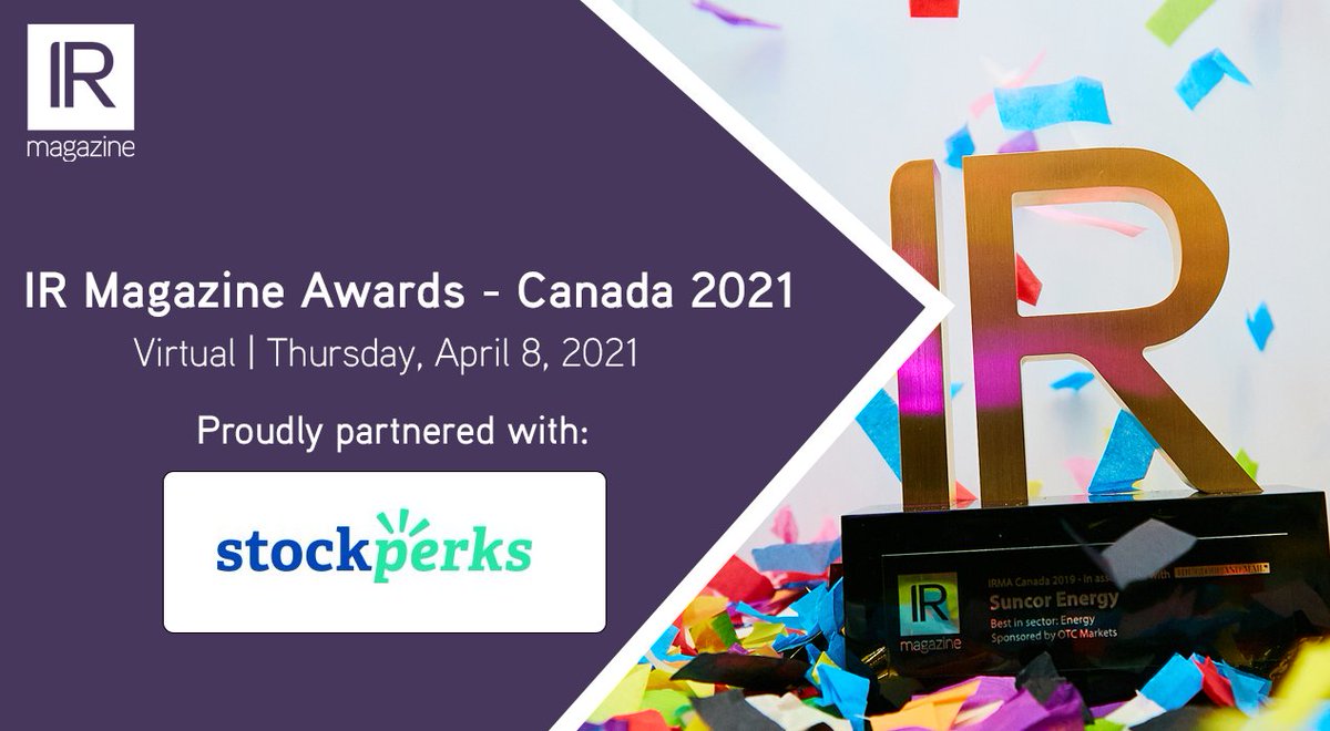IR_Impact's tweet photo. It's great to have @stockperks join us at the IR Magazine Awards - Canada as our partner! The awards will be held on Thursday, April 8, to join us for free and hear who this year's winners are first-hand, go to the website: https://t.co/VpKcbZVqlP https://t.co/zt9IeAxkIX