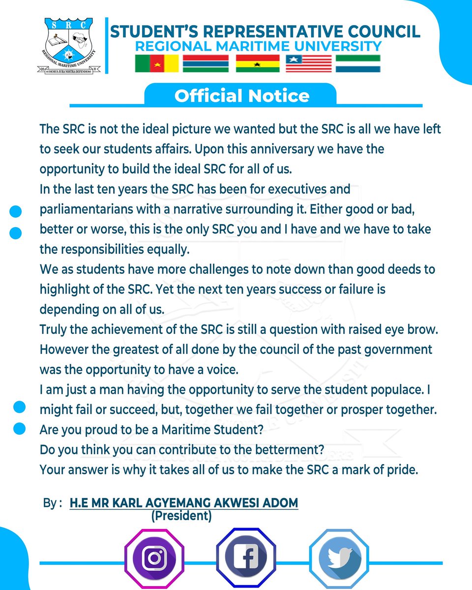 rmusrclive's tweet photo. MESSAGE FROM THE SRC TO ALL STUDENT
LAUNCHING OF THE SRC 10TH ANNIVERSARY IS ON
@rmusrclive 
@ItzNaval 
@BenedictApente2 
@karlagyemang https://t.co/Rgq6BgjL5r
