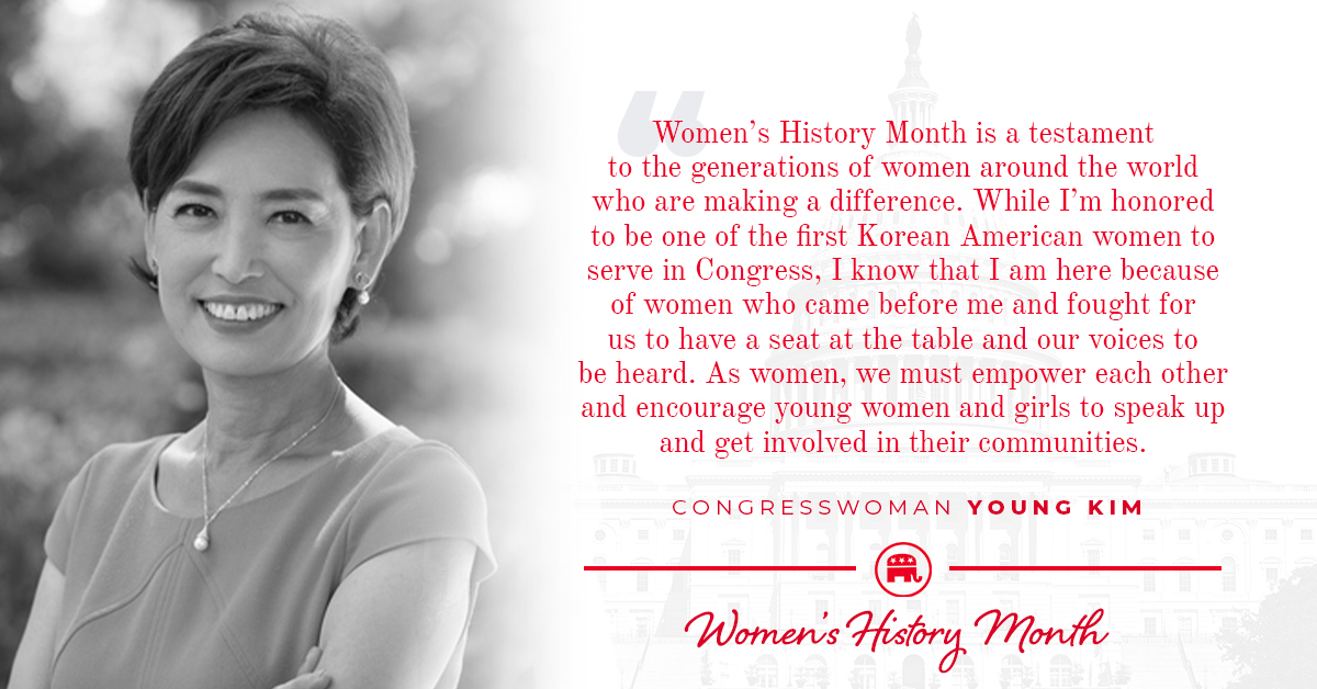 Republicans's tweet photo. Republican women shape so much of our party’s history. 
 
@YoungKimCA explains how important being a woman and a Republican is this #WomensHistoryMonth https://t.co/iW4Hr4cHK1