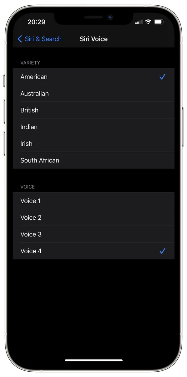 iSWUpdates's tweet photo. Siri voices now show up as “Voice 1” etc. instead of using the term “Gender” #iOS145DevBeta6 https://t.co/eVGBMrZD3M