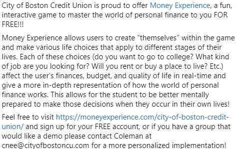 CBCU is proud to offer <a href="/moneyXperience/">Money Experience</a>, a fun, interactive game to master the world of personal finance to you FOR FREE!!! #PersonalFinance @OFE_Boston #FinancialLiteracy 

Registration can be found by visiting:
 moneyexperience.com/city-of-boston…