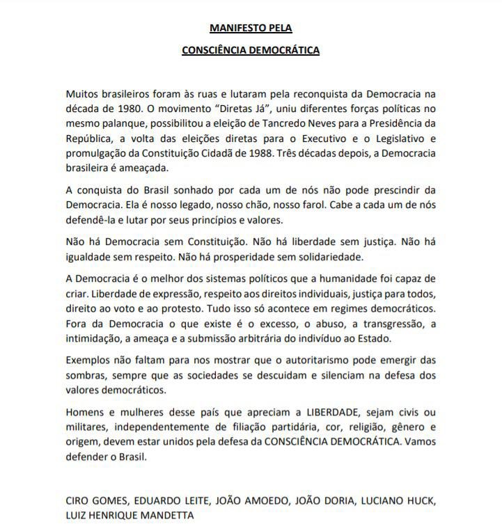 Presidenciáveis unidos em manifesto pela democracia! Parabéns @jdoriajr @LucianoHuck @lhmandetta @cirogomes @joaoamoedonovo @EduardoLeite_  ! #democraciasim #uniãopelademocracia