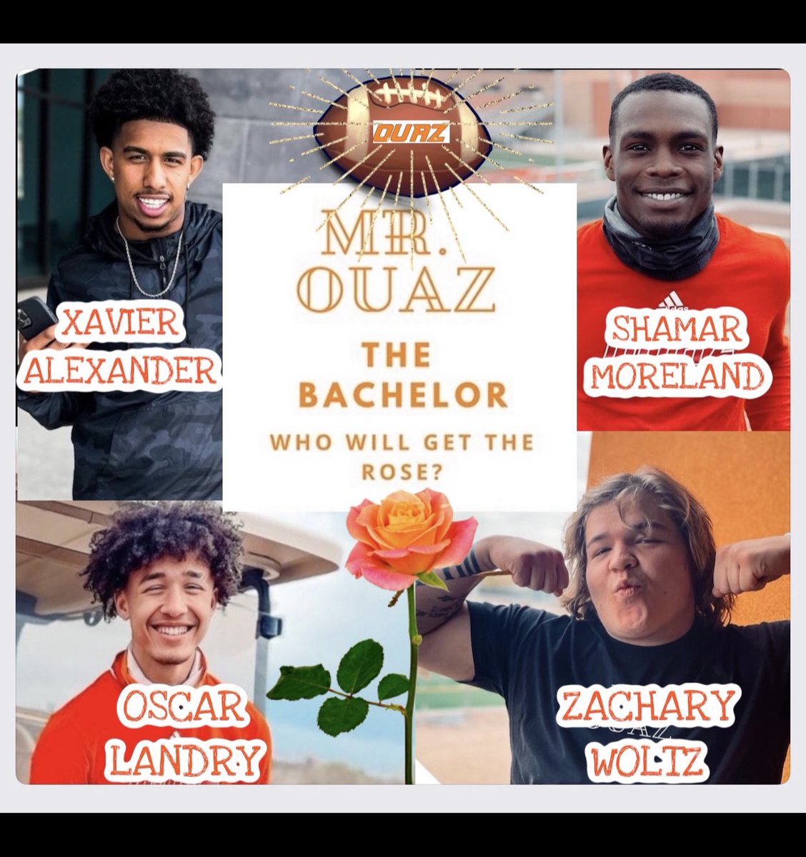 OUAZFootball's tweet photo. GOOD LUCK to our four @OUAZFootball contestants in the @Ottawa_OUAZ #OUAB The Bachelor  tonight #MrOUAZ2021 🌹🏈 😎 https://t.co/oXWvLOraJS