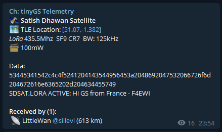 F4EWI_Thierry's tweet photo. Perhaps the first π«π· transmission via the #SDSat satellite with a #TTGO. Thanks to the @SpaceKidzIndia team and to the @tiny__GS group
#LoRa modulation
@rifath_shaarook @dev_4m1g0 @G4lile0
https://t.co/i6MkT28X1r
https://t.co/nfSO2ZUcb4 https://t.co/H0b92qXinf
