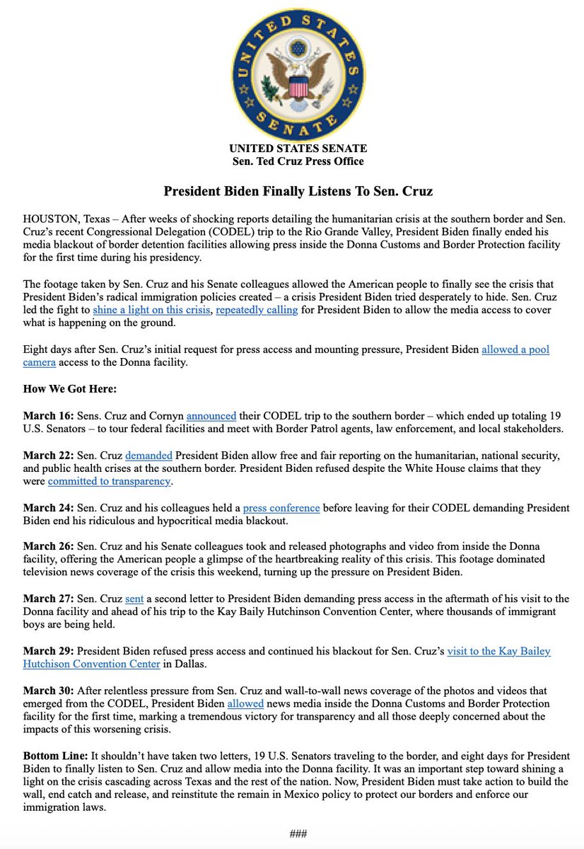 SenTedCruz's tweet photo. It shouldn’t have taken two letters and 19 U.S. Senators traveling to the border for President Biden to finally listen and allow media into the Donna DHS facility to see the crisis firsthand. https://t.co/s5dgctTFaQ
