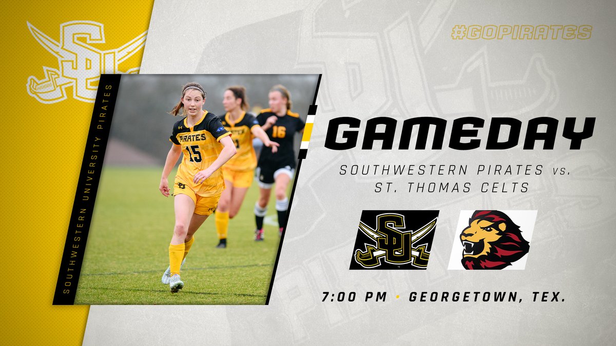 #GAMEDAY | <a href="/SUPiratesWSOC/">Southwestern WSoccer</a>
🆚 <a href="/USTAthletics/">UST Athletics</a>
⏰ 7:00 PM
📍 Georgetown, Texas  
📺📊 portal.stretchinternet.com/swu/