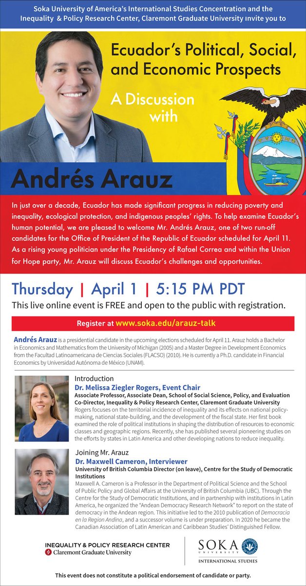 Inequality and Policy Research Center at CGU (@cguiprc) on Twitter photo Tomorrow April 1 at 5:15 pm PDT join <a href="/MelissaZRogers/">Melissa Rogers</a> in conversation with Ecuadorian front-running presidential candidate Andrés Arauz. Register here: zoom.us/webinar/regist… Tomorrow April 1 at 5:15 pm PDT join <a href="/MelissaZRogers/">Melissa Rogers</a> in conversation with Ecuadorian front-running presidential candidate Andrés Arauz. Register here: zoom.us/webinar/regist…