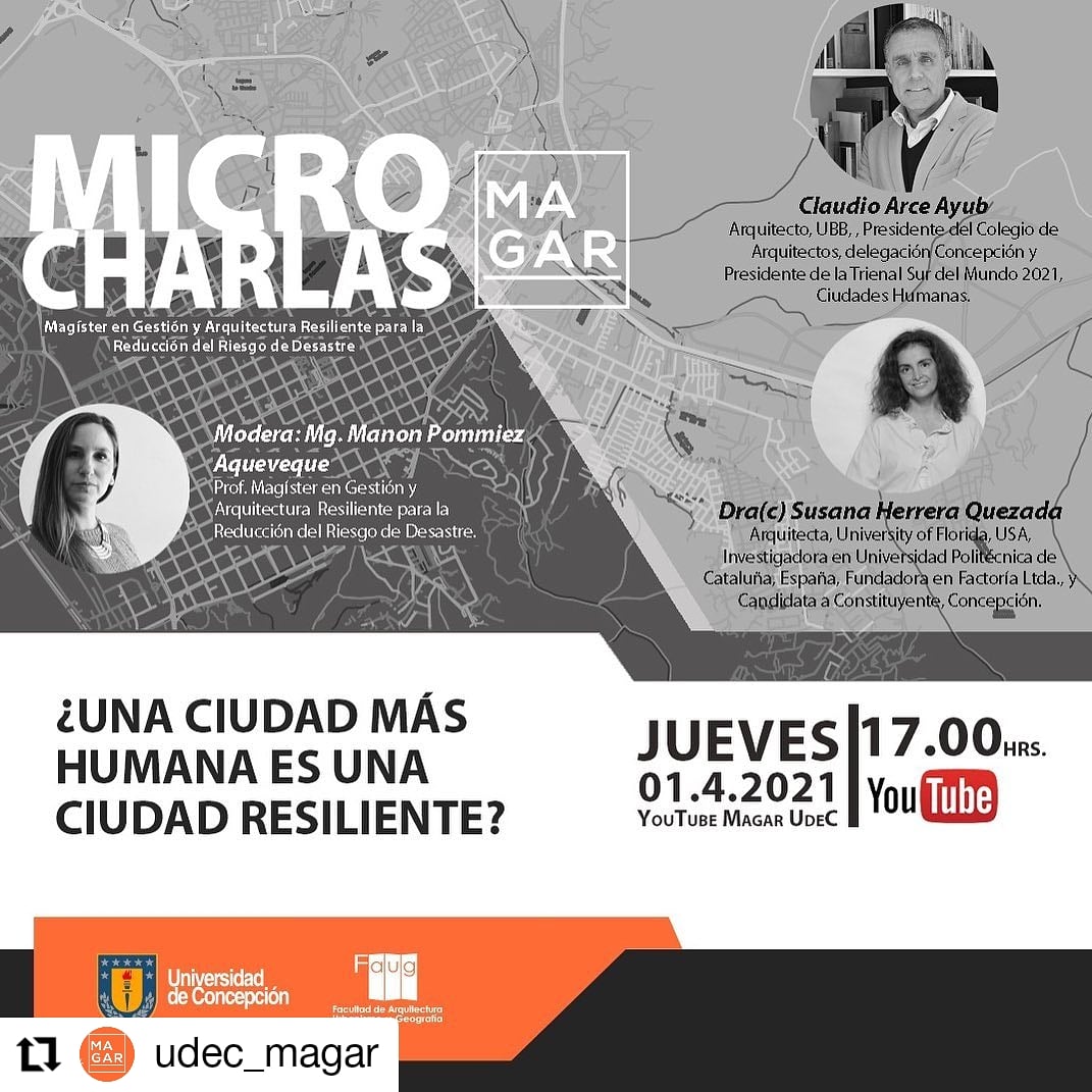 No te pierdas la charla "¿Una ciudad más humana es una ciudad resiliente?", parte del ciclo de eventos del MAGAR de la <a href="/faug_udec/">FAUG</a> arquitectosdeconcepcion.cl/2021/03/31/una… #arquitectura #charlas #eventos #ciudad #diseño