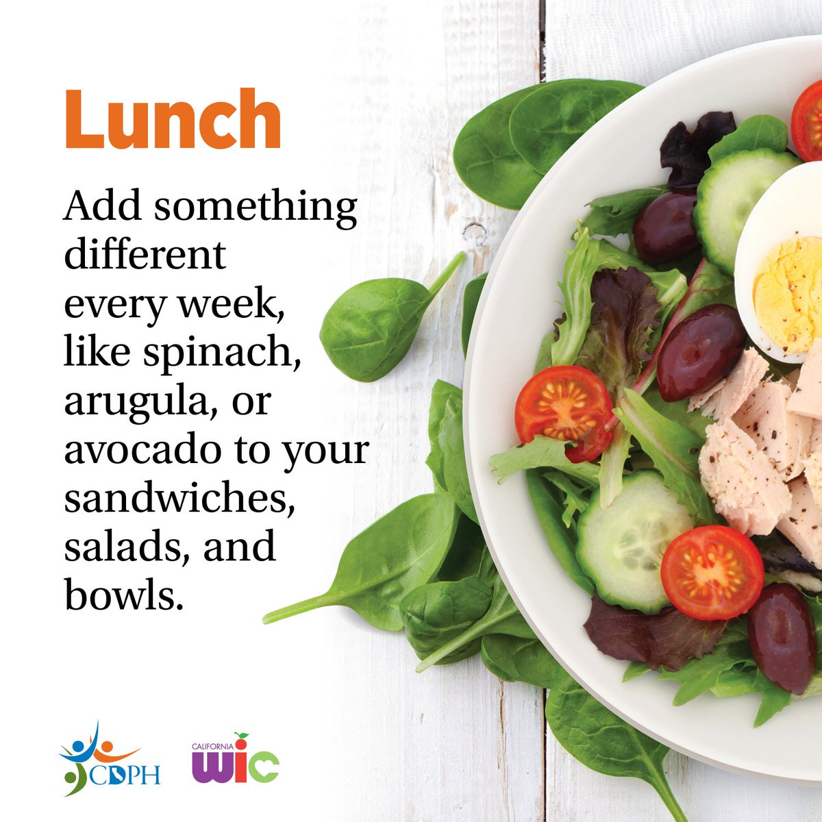 capkwic's tweet photo. Eating fruits and veggies is easy! Put a fun, and healthy, spin on your favorite meals by adding fruits and veggies you like. Or challenge yourself to include a different color of fruit or vegetable in your meals each week. #CaliforniaWIC #BeHealthy 🍎🍊🍋🥦🍇 https://t.co/7GRKMUJAay