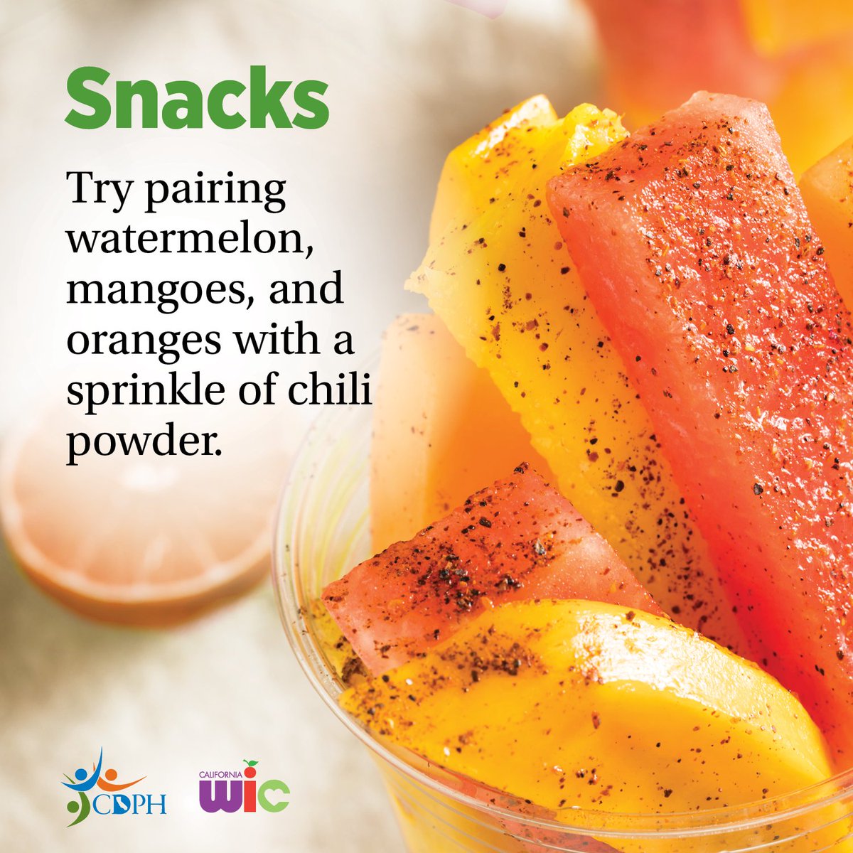 capkwic's tweet photo. Eating fruits and veggies is easy! Put a fun, and healthy, spin on your favorite meals by adding fruits and veggies you like. Or challenge yourself to include a different color of fruit or vegetable in your meals each week. #CaliforniaWIC #BeHealthy 🍎🍊🍋🥦🍇 https://t.co/7GRKMUJAay