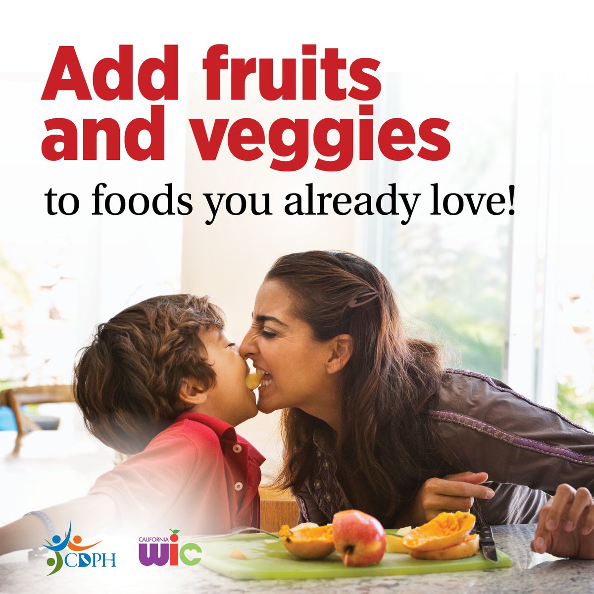 capkwic's tweet photo. Eating fruits and veggies is easy! Put a fun, and healthy, spin on your favorite meals by adding fruits and veggies you like. Or challenge yourself to include a different color of fruit or vegetable in your meals each week. #CaliforniaWIC #BeHealthy 🍎🍊🍋🥦🍇 https://t.co/7GRKMUJAay