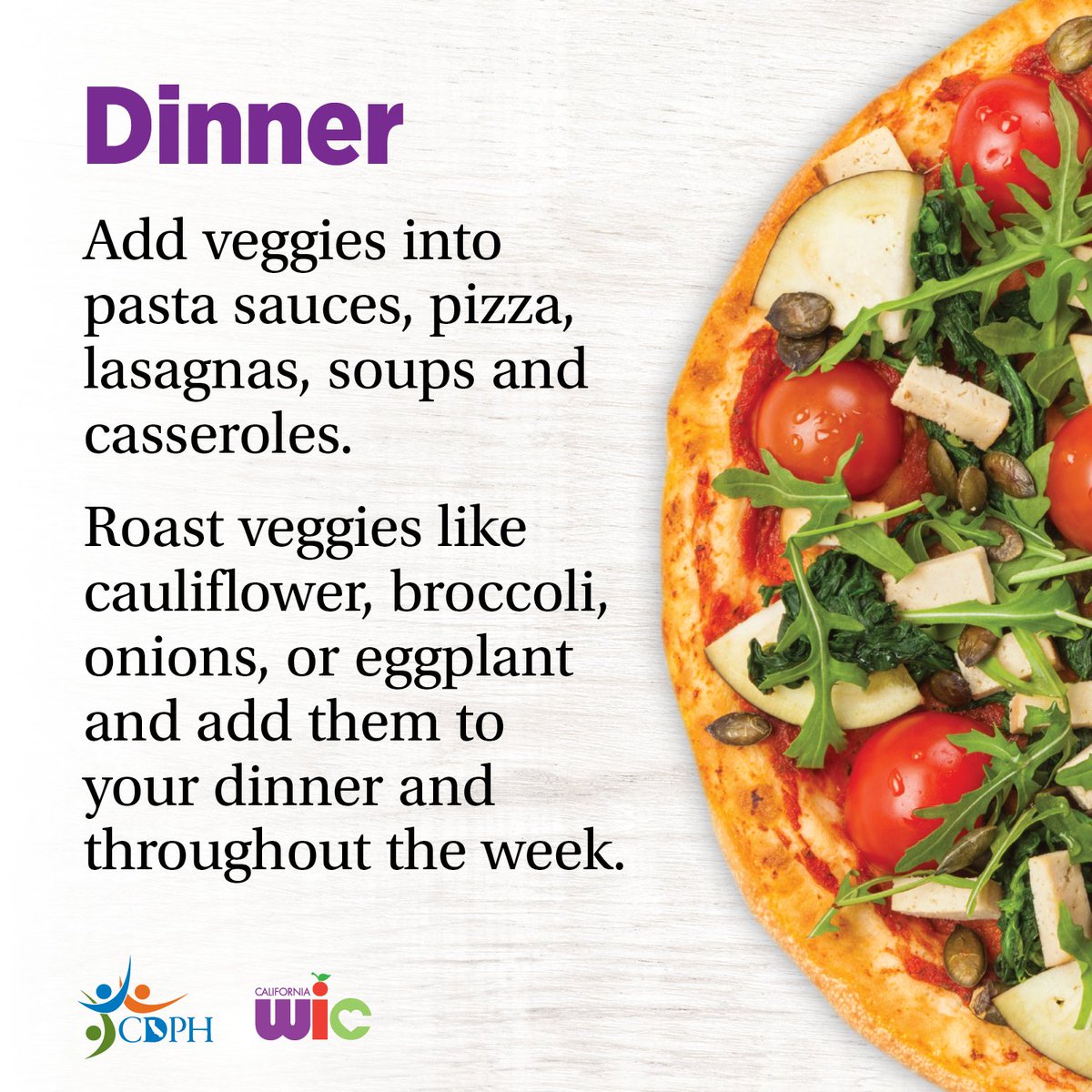 capkwic's tweet photo. Eating fruits and veggies is easy! Put a fun, and healthy, spin on your favorite meals by adding fruits and veggies you like. Or challenge yourself to include a different color of fruit or vegetable in your meals each week. #CaliforniaWIC #BeHealthy 🍎🍊🍋🥦🍇 https://t.co/7GRKMUJAay