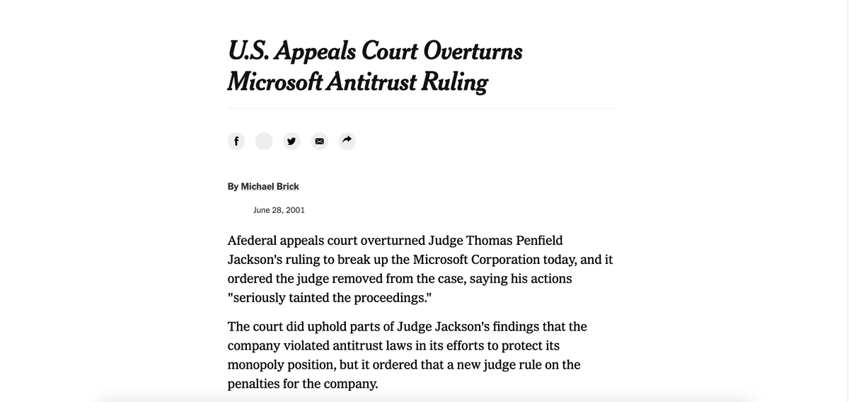 15/100: The judge called to divide Microsoft in half. MS appealed, appeals court overturned the decision. Instead of seeking to break up the company, the Justice Department decided to settle w/ the company. MS agreed to share interfaces w/ other companies.  https://bit.ly/3d7q6gg 