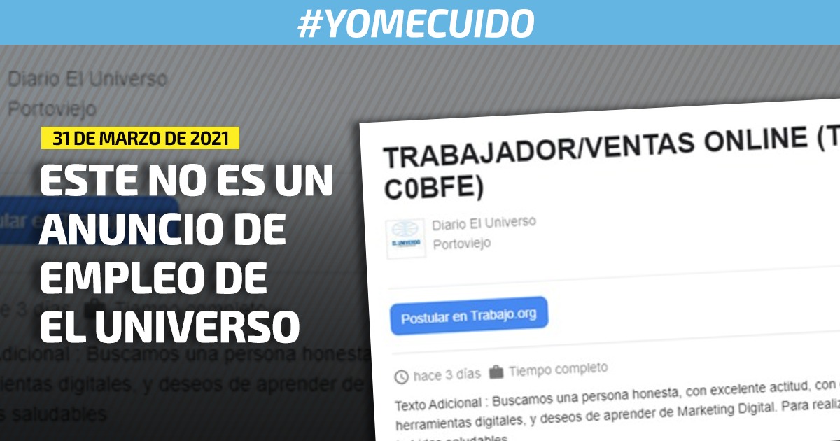 gusano ganso Afilar El Universo on Twitter: "EL UNIVERSO alerta sobre falsos anuncios de empleo  que circulan en redes sociales ▻ https://t.co/GX0W0ty0FX  https://t.co/fvbJT23muP" / Twitter