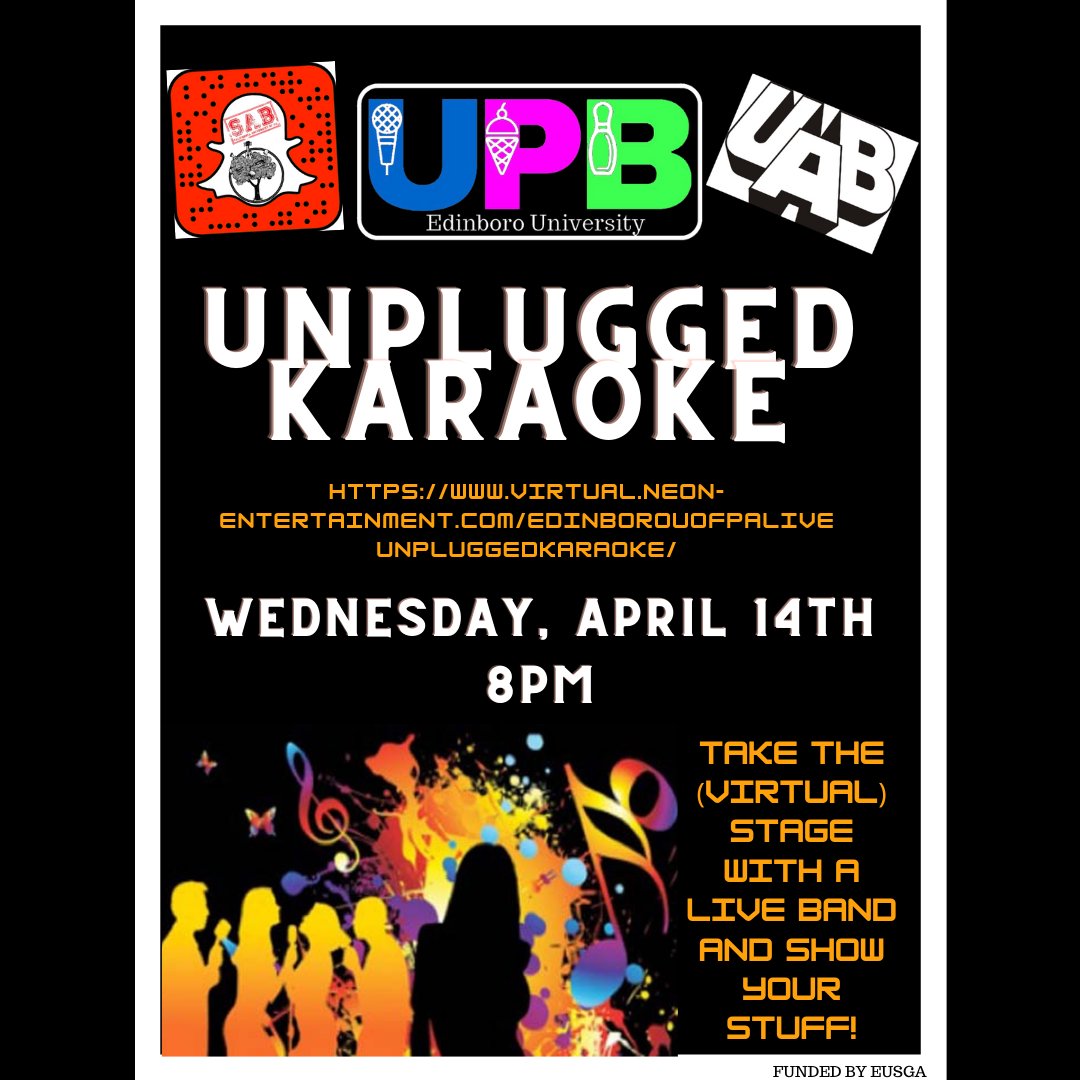 EdinboroUPB's tweet photo. Be a rock star for the evening with ‘Virtual Live Unplugged Karaoke’!  Take the virtual stage with a live band and show your stuff! Participants can choose a song from our extensive list of modern hits and classic favorites covering pop, rock, R &amp; B, hip hop and country.  Go Boro https://t.co/h4FDMYBAA4