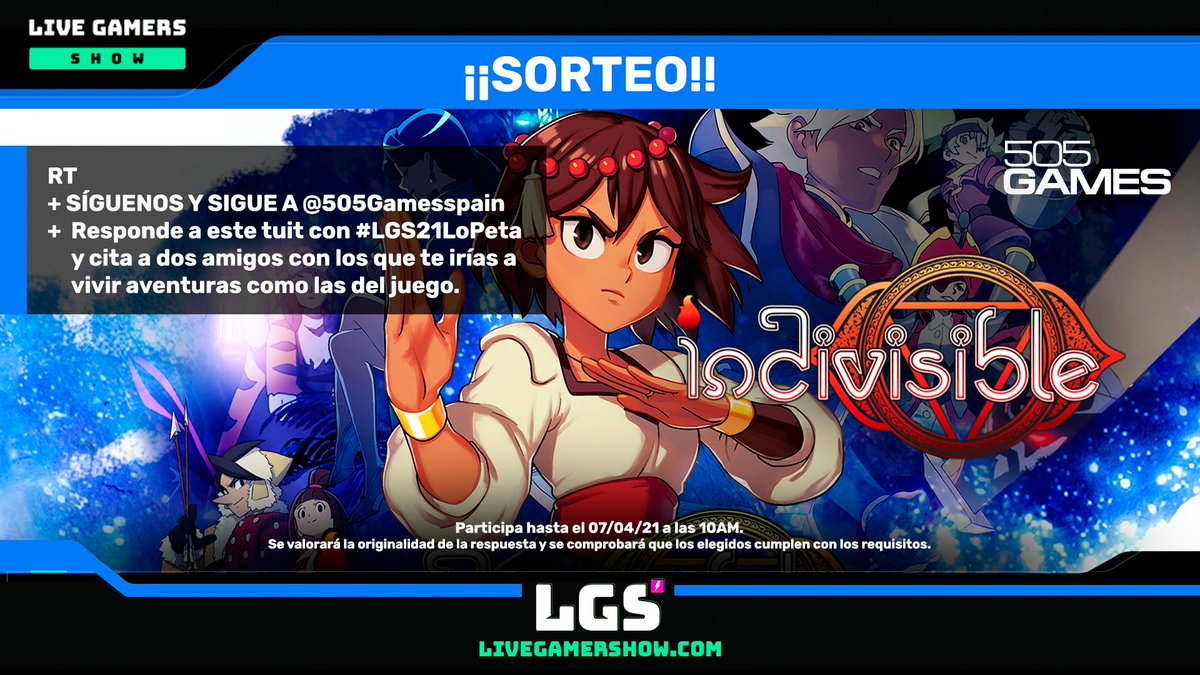 livegamersshow's tweet photo. ¡¡SORTEO!! 🏆 GANA un código de #IndivisibleGame
👉RT
👉+ Síguenos y Sigue a @505Gamesspain
👉+ Responde a este tuit con #LGS21LoPeta y cita a dos amigos con los que te irías a vivir aventuras como las del juego.
🍀 https://t.co/BT4PL9NPkN