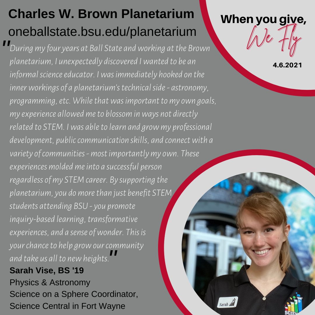 BSUPlanetarium's tweet photo. Many of you are sure to remember Sarah Vise - she worked at the Brown Planetarium for 4 years! Check out where she is now and make sure to celebrate #OneBallState Day with us on Tuesday at https://t.co/rViLlQtwzv 

#ballstatecsh https://t.co/nTrvDm8sMd