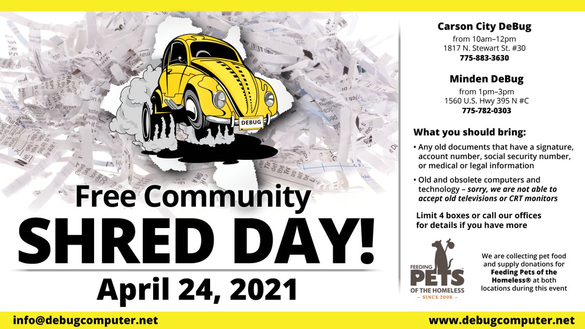 debugcomputer's tweet image. Almost time to shred any doubt of identity theft through our annual Shred Day! Bring sensitive documents &amp;amp; electronic devices for secure disposal free of charge at both locations (Carson City 10 a.m.-noon &amp;amp; 1-3 p.m. in Carson Valley) on Saturday, April 24.