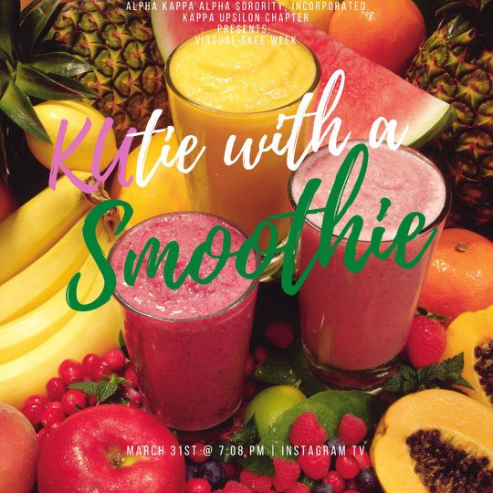 ku_akas1908's tweet photo. Tune in on IGTV 
@ 7:08pm to watch some of our KUties teach you how to make a healthy smoothie💗💚 https://t.co/0xRQ2HF0ky