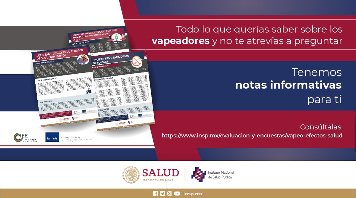 🤔Todo lo que querías saber sobre el vapeo y no te atrevías a preguntar

 ℹ️ 📲bit.ly/vapeoysalud

36 notas informativas que compilan evidencia científica sobre vapeadores y salud, desarrolladas por investigadores del INSP.