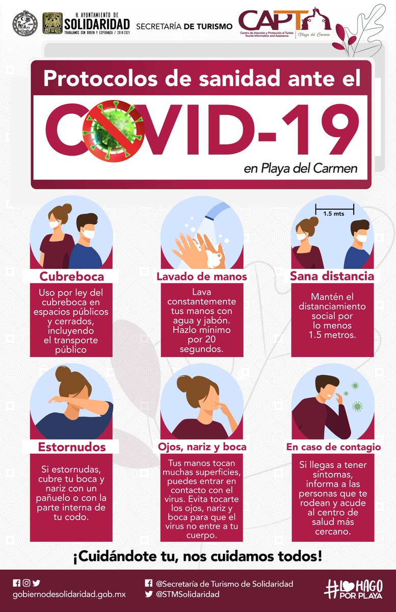 Amigo turista 🏖️
Al estar en espacios públicos recuerda seguir los protocolos de sanidad ante el #Covid19.

Nuestra línea de atención al turista de #CaptaPlayaDelCarmen  es 📞 984 116 0430.  

Disfruta de #PlayaDelCarmen con responsabilidad  😷 🧍🏾‍♀️ ↔️ 🧍🏻‍♂️ 👐🏻🧼

#DestinoSeguro