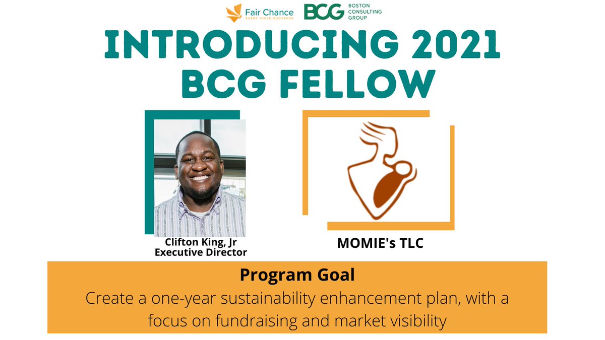 Meet the 2021 BCG Fellows! These four Fair Chance alumni partners will work with BCG consultants for one year to advance key strategic projects within their organizations. <a href="/SEMDC/">Southeast Ministry</a> <a href="/CityKidsWP/">City Kids</a> <a href="/ProjectPlaytime/">Playtime Project</a> <a href="/momies_tlc/">M.O.M.I.E's TLC</a> <a href="/BCG/">Boston Consulting Group</a>