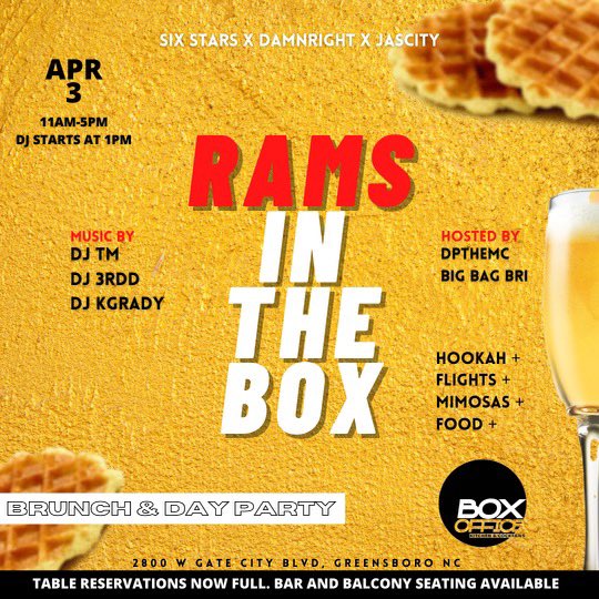 DPtheMC's tweet photo. #RAMSINTHEBOX🧇 UPDATE
FOR THE 1ST TIME IN #BRUNCHINTHEBOX
WE ARE PLAYING MUSIC TILL 5PM!
AN EXTRA HOUR FOR #THELIVESTHBCUONTHEPLANET
WHICH MEANS MORE MIMOSAS, MORE HOOKAH AND MORE REAL WINSTON VIBES! https://t.co/LTsdRextSN
