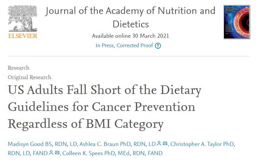 OhioStateMed's tweet photo. New collaborative research from #OSUCOM's @colleenspees, @AshleaB_RD, @CTaylorRD "U.S. Adults Fall Short of the Dietary Guidelines for Cancer Prevention Regardless of BMI Category" is out in #eatrightpro journal. #cancer @aicrtweets @osuhrs @MedDietOSU https://t.co/DJ4JbZvgqq https://t.co/kmkeNI71Wz