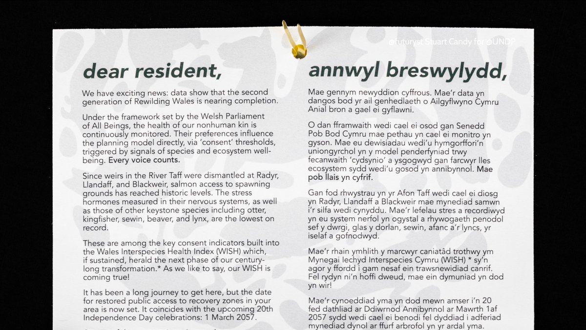 Sophie received a bilingual Welsh/English mailer from Wales’ Parliament of All Beings in 2056, notifying her that animal wellbeing data indicated consent to move to the next phase of Rewilding in her neighbourhood in Cardiff.