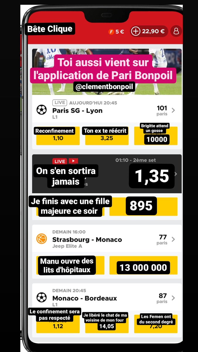 bp_clem's tweet photo. Alors t'as gagné des ronds? Rejoins moi sur mon appli de Pari Bête clique. #Macron20h #reconfinement #Macron #bet @Betclic @WinamaxSport https://t.co/dcdzwCL0iq