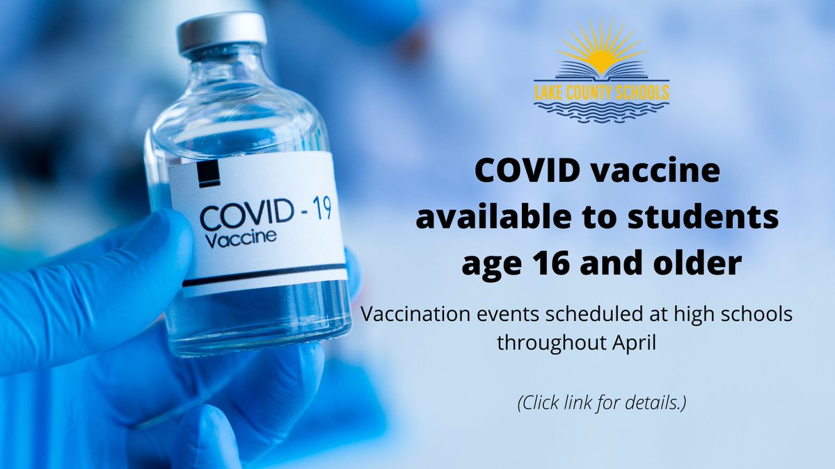Lake County Schools, in partnership with the health department, is offering the Pfizer vaccine to all employees and students age 16+ at high schools across the county starting next week. Parents/ guardians must accompany minors. Learn more here: docs.google.com/document/d/1eh…